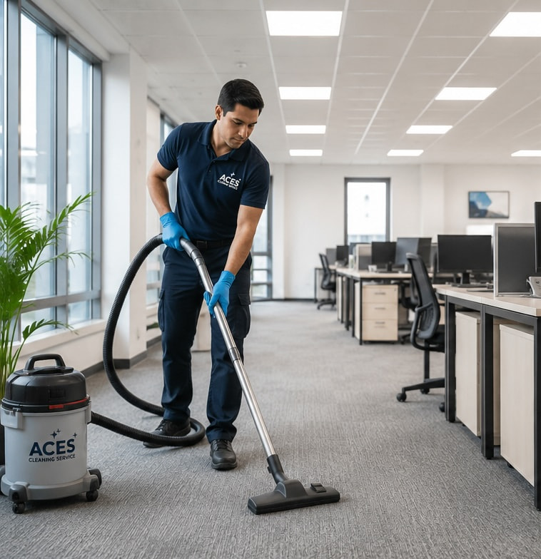 Aces Cleaning Service staff cleaning commercial building floors in Raleigh.